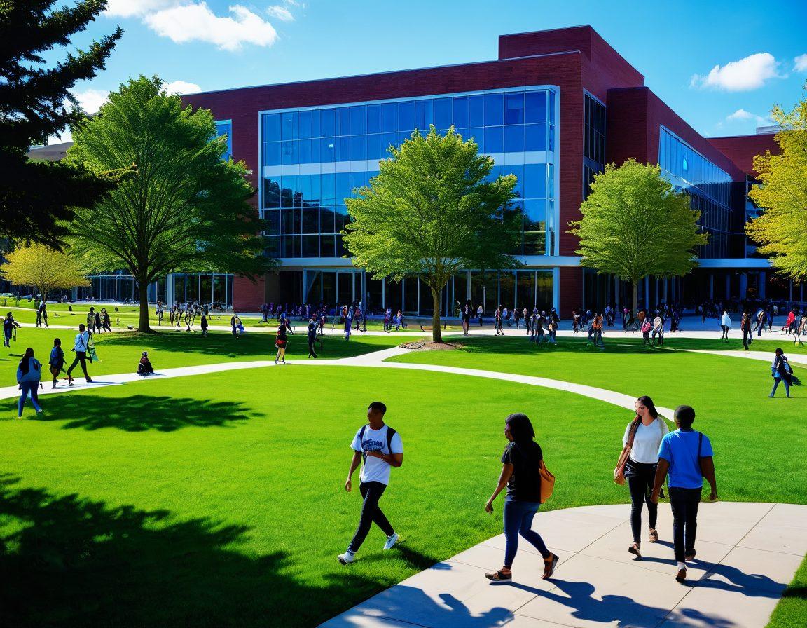 A bustling college campus scene with students walking between modern buildings, some engaged in conversations while others are studying on the grass. Include a banner that reads 'UAlbany' prominently in the background, along with diverse students representing various backgrounds and interests. Elements like laptops, books, and backpacks enhance the academic vibe. The sky is bright blue, portraying a lively and vibrant atmosphere. super-realistic. vibrant colors. digital art.