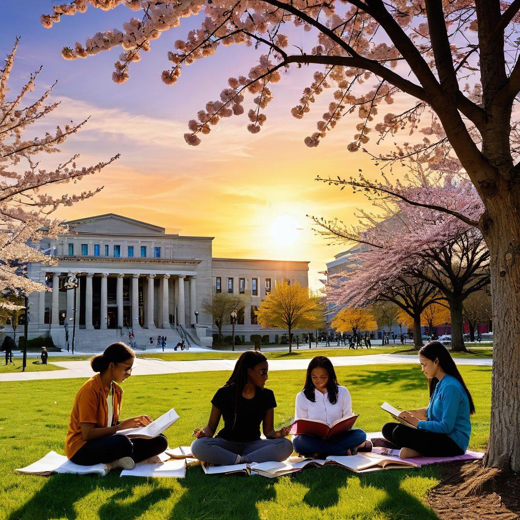 A vibrant scene of a diverse group of UAlbany students studying together under blooming cherry blossom trees on campus, symbolizing collaboration and growth. Include books, laptops, and notes scattered around, while a sun sets in the background to symbolize progress. The campus buildings should be visible, showcasing UAlbany's architecture. Include motivational quotes in a playful font hovering in the air. super-realistic. vibrant colors. 3D.