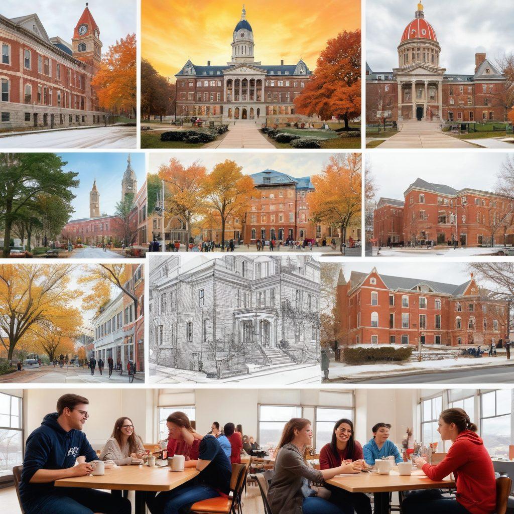A vibrant collage featuring iconic Albany college landmarks such as the New York State Capitol, students engaging in lively discussions in a coffee shop, and a bustling campus scene with diverse students studying and collaborating. Include elements representing various student activities like sports, cultural events, and street art. The atmosphere should be dynamic and energetic, inviting viewers to explore Albany's college culture. super-realistic. vibrant colors. white background.